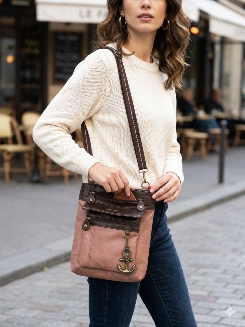 Chala Anchor Messenger Crossbody Bag Mauve Brown Vegan Leather Nautical Charm